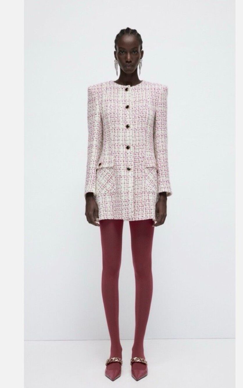 Zara Textured long tweed Coat multicolored M